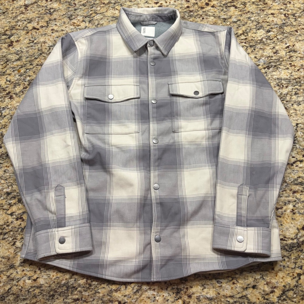 Vuori Mens Fleece Lined Plaid Shirt Jacket Grey White Snap Front XL